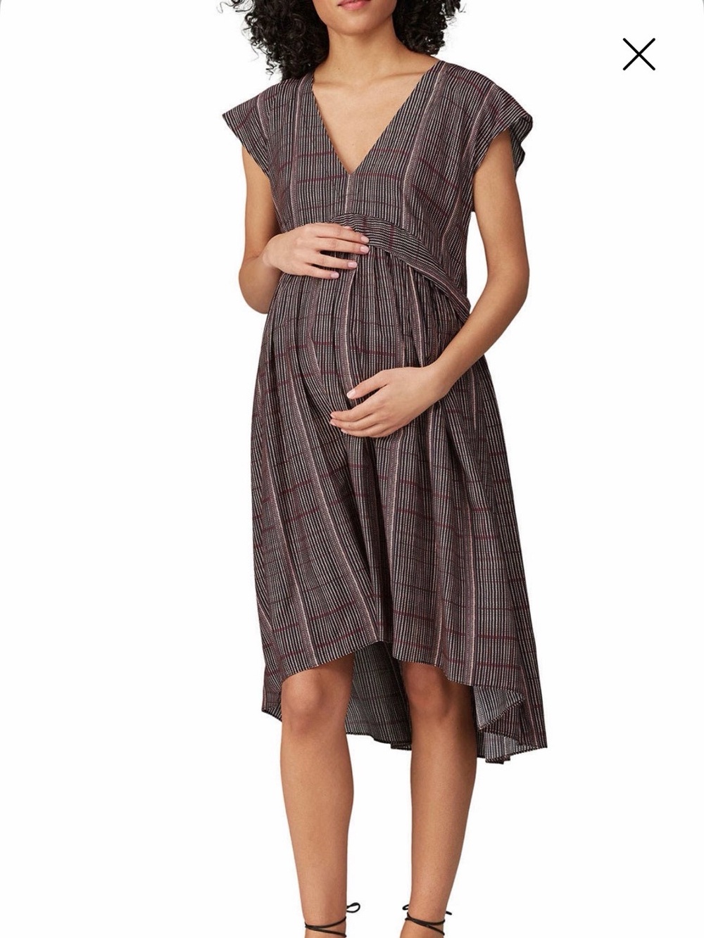 Hatch Charcoal Plaid High-Low Maternity Dress with Berry Stripes